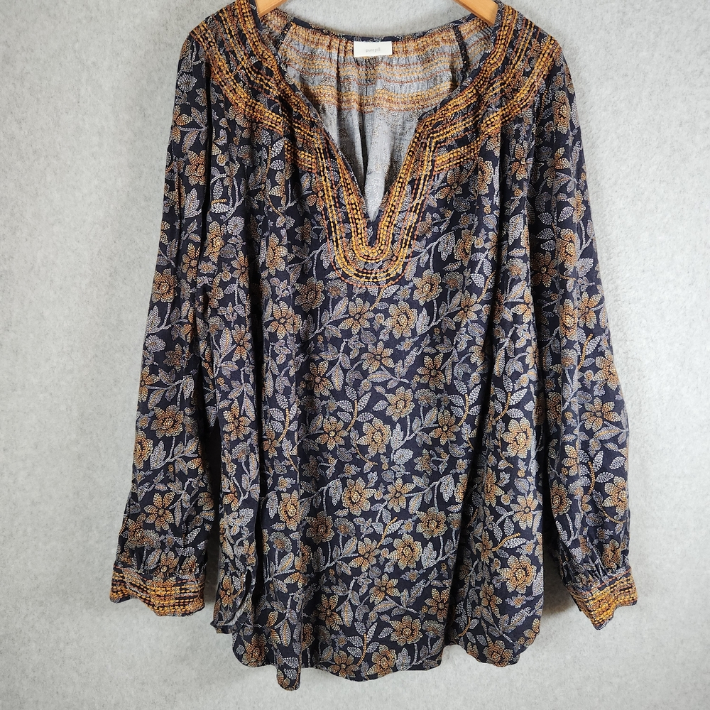 J Jill Pure Jill Floral Embroidered Women's Plus Size 3x 4x Top Blue Long Sleeve